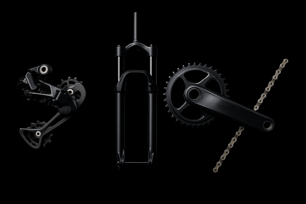 Úvodní banner – text Porovnej cyklo komponenty, tlačítko Porovnej komponenty, obrázek přehazovačky, vidlice, klik a řetězu.