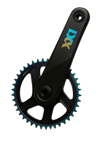 Tlačítko pro přechod na srovnání cyklistických klik – obrázek klik s převodníkem Sram XX1.